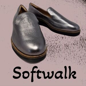 Softwalk Westport Womens Loafers Sz 8W Gray Metallic Slight Wedge Casual Comfort